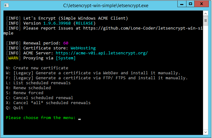 letsencrypt.exe (Windows ACME Client) main menu