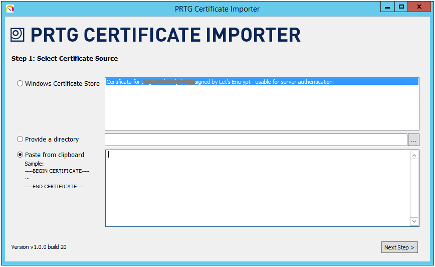 PRTG Certificate Importer step 1 — selecting the certificate