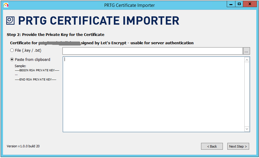 PRTG Certificate Importer step 2 — pasting the private key