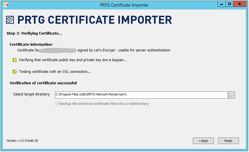 PRTG Certificate Importer step 3 — confirmation before restarting PRTG