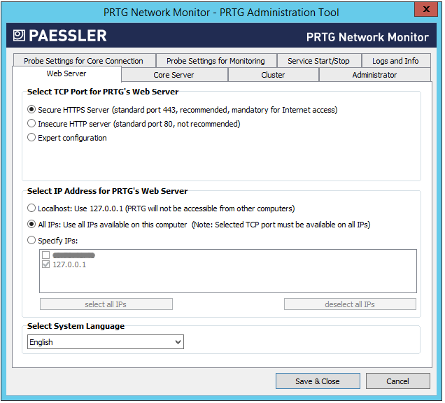 PRTG Administration Tool Web Server tab set to Secure HTTPS Server