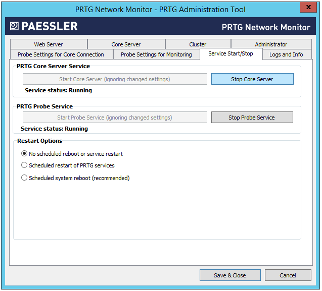 PRTG Administration Tool with Stop Core Server on the Service Start/Stop tab