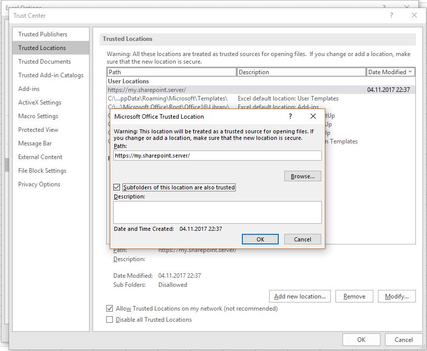 Office Trusted Locations dialog with a network path added