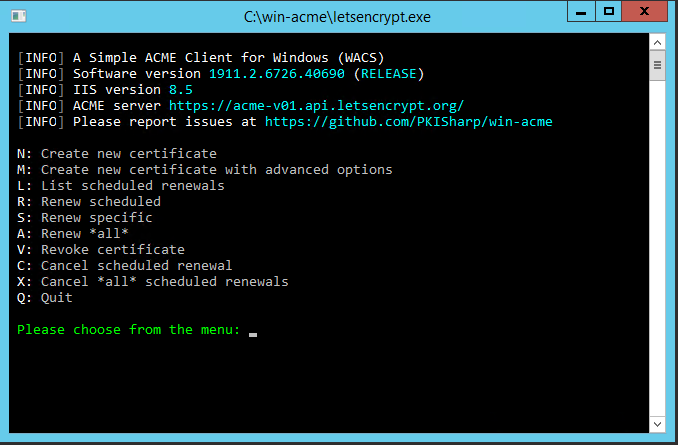 win-acme menu with the Renew specific option selected