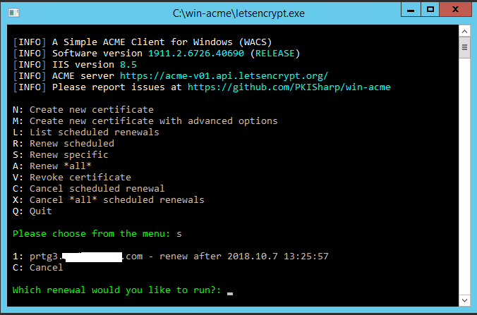 win-acme listing the certificates available for renewal
